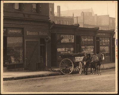 Horizontal, Black and White Photograph of a Row of Commercial Buildings and a Horse-Drawn Wagon Parked Against the Sidewalk by William G. Swekosky